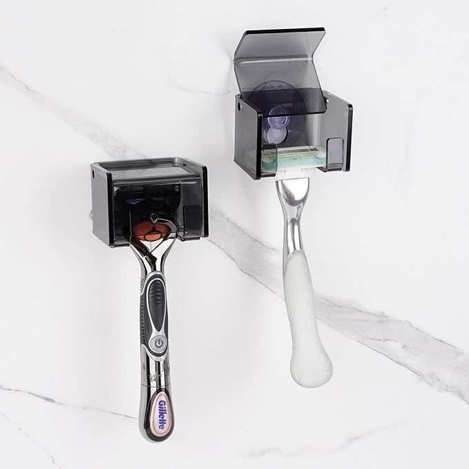 2 Pack Acrylic Razor Holder with Cover for Shower, Wall Mounted Razor Shaver Organizer with Suction Cup, Razor Hanger Rack Compatible with Gillette Fusion 5 Proglide, Mach 3 Classic (Gray Clear)