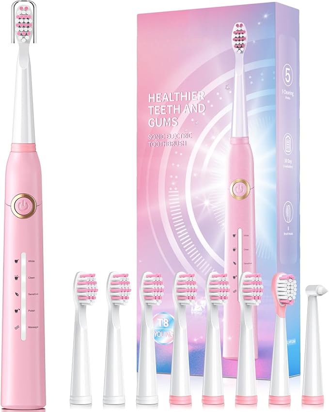 TEETHEORY Electric Toothbrush for Adults with 8 𝐁𝐫𝐮𝐬𝐡 𝐇𝐞𝐚𝐝𝐬, Sonic Electric Toothbrush with 40000 VPM Deep Clean 5 Modes, Rechargeable Toothbrushes Fast Charge 4 Hours Last 30 Days