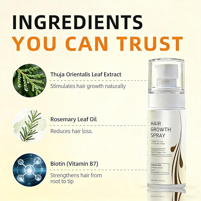 Hair Growth Spray with Rosemary Oil ，Biotin，Thuja OrientalisLeaf Extract, Non-Greasy, Helps Prevent Hair Thinning Hair Loss, for Scalp, 60ml Bottle