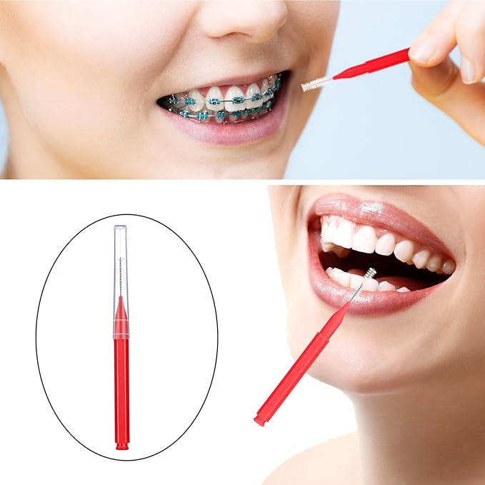 Patelai 100 Pieces Braces Brush for Cleaner Interdental Brush Toothpick Dental Tooth Flossing Head Oral Dental Hygiene Flosser Toothpick Cleaners Tooth Tool(Red,Suitable Size)