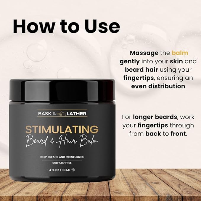 BASK & LATHER Stimulating Hair & Beard Balm, Leave-in Conditioner With Essential Oils, Mango & Shea Butter, Supports Itchy or Dry Scalp for All Types, Strengthens & Shines Beards, 4 fl oz