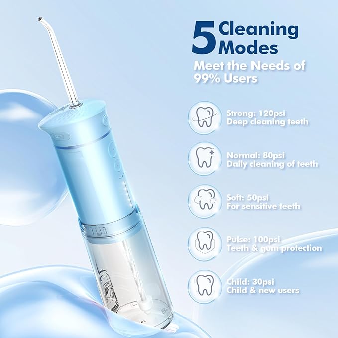 Bezvoi Water Flosser Mini Cordless Portable: 5 Modes Travel Water Dental Floss with Telescopic Water Tank, IPX7 Waterproof Oral Irrigator for Teeth Cleaning Gums,Orthodontic,Braces Care (Sky Blue)
