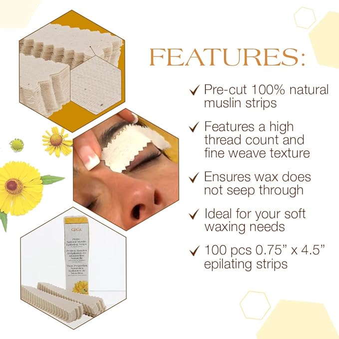 GiGi Waxing Strips for Hair Waxing/Hair Removal, Petite Natural Muslin, 100 Epilating Strips