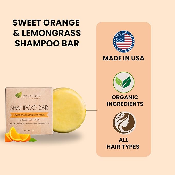 Solid Shampoo Bar, Made With Natural & Organic Ingredients, Sulfate-Free, Cruelty-Free & Vegan, All Hair Types, 3 Ounce Bar (2-Pack Lemongrass & Sweet Orange)