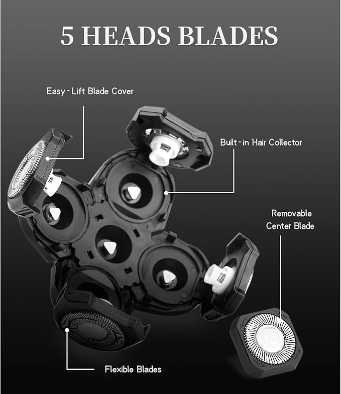Replacement Shaver Heads Compatible with Freebird Shaver, 5 Blades Refills for Bald Men, Electric Razor Replacement Heads for Freedom Grooming with 3 Cleaning Brush
