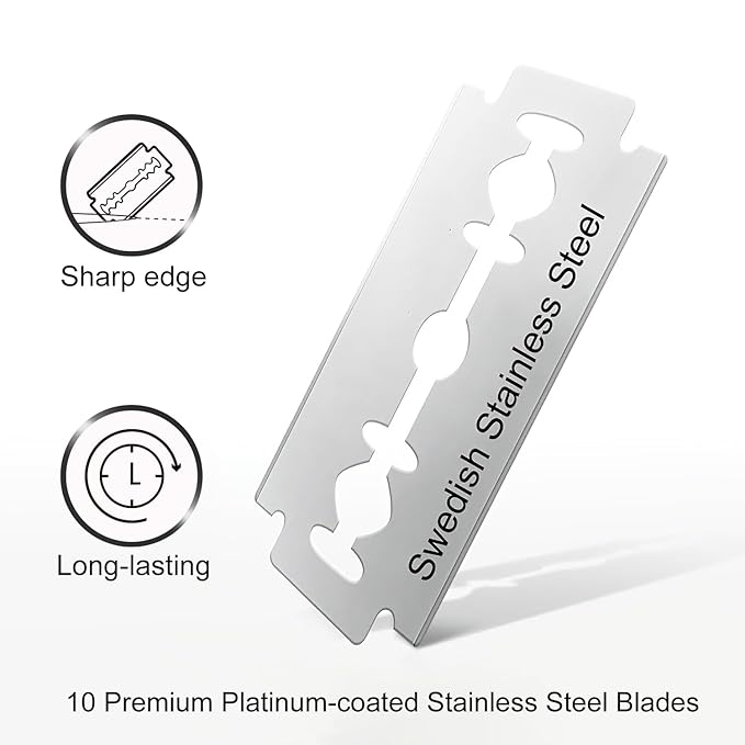 Double Edge Safety Razor, Single Blade Razors for Men and Women, Resuable Metal Razor, with 10 Double Edge Blades, Smooth Close Shave, Plastic-free Eco-Friendly Sustainable Shaving