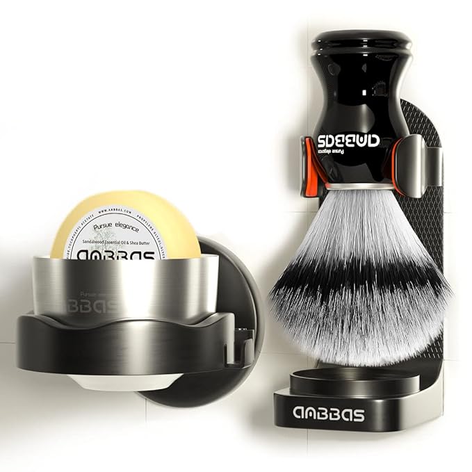 Anbbas Faux Badger Hair Shaving Brush and Bowl with Black ABS Wall Mounted Shaving Stand Holders for Soap Bowl and Brush,100g Soap Bar,5IN1 Set for Men Close Shave