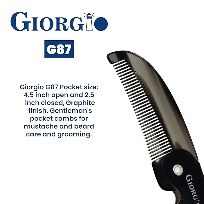 Giorgio G87 Folding Mustache and Beard Comb, Small Pocket Comb for Men,Fine Tooth,Handmade, Saw-cut, Hand Polished,Pocket Styling Combs for Everyday Grooming and All Type of Hair Care (Black Graphite)