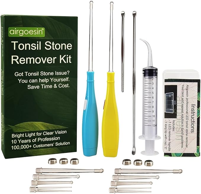 Airgoesin™ Upgraded Tonsil Stone Remover Tool, Blue & Yellow, 5 Tips, Tonsillolith Pick Case + 1 Irrigator Fresh Breath Oral Rinse