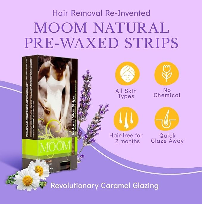 MOOM Express Wax Strips with Chamomile & Lavender, Hair Removal Kit with Finishing Oil – Legs, Bikini, Face & Body, 10 Double-Sided Strips (1 Pack), 20 Count