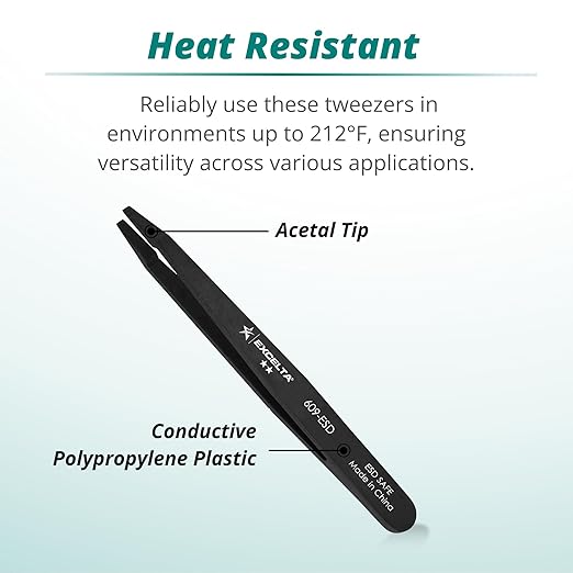 Excelta Precision Acetal Plastic Tweezers, Conductive, Straight Tip, Temperature Resistant to 212°F, Ideal for Delicate Components, Intermediate