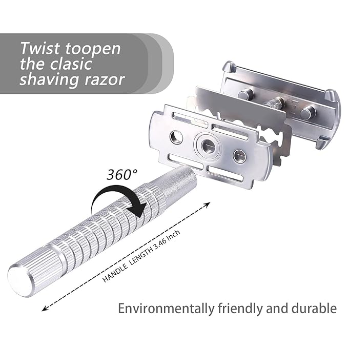 Men's and Women's Manual Razor Safety Razor with 10 Double Edge Blades, Double Edge Razor, Reusable Razor Kit, Eco-Friendly, Smooth Close Shave, Plastic-Free (Silver)