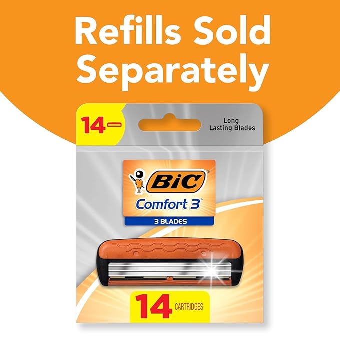 BIC Comfort 3 Men's Refillable 3 Blade Razors, Long-Lasting Shave and Pivoting Head, 1 Handle and 12 Cartridges