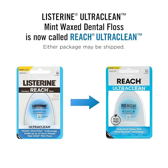 Reach Listerine Ultraclean Dental Floss, Plaque Remover, Shred Resistant, Waxed, Gentle on Gums & Teeth, Mint, PFAS-Free, Fresh Breath, Oral Care, for Adults & Kids, 30 yds - Pack of 2