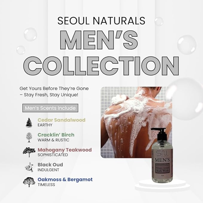 Seoul Naturals Men's Body Wash, Warm & Rustic Cracklin' Birch Scent, k beauty, 8 oz
