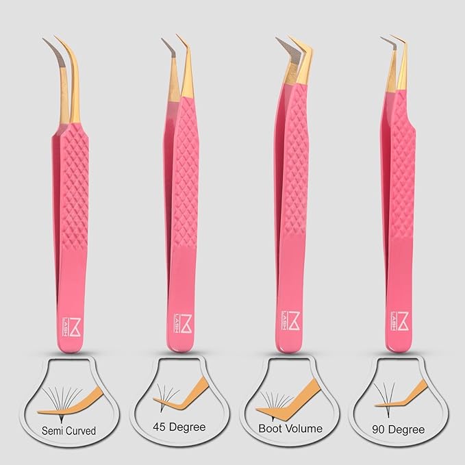 M LASH Tweezers for Eyelash Extensions (Set of 4) - Professional Lash Extension Tweezers - Fiber Tip, Japanese Steel, Diamond Grip Eyelash Extension Tweezer set (Pink)