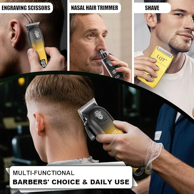 Hair Clippers for Men, with LED Display 4-Piece Cordless Hair Clippers, Beard Trimmer, Foil Shaver & Nose Trimmer, Complete Rechargeable Set for Home Barber Use (Black Gold)