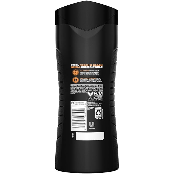 AXE Men's Body Wash, Dark Temptation, 3-Pack, 12H Refreshing Chocolate Scent, 16 Fl Oz Ea