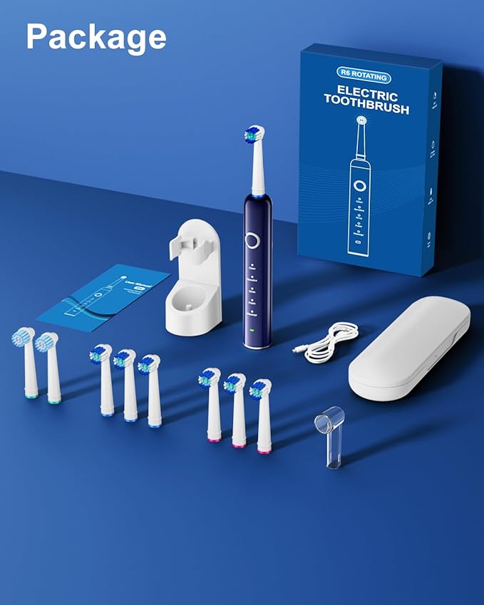 Rotating Electric Toothbrush for Adults, 8 Brush Heads (2 Types) & Travel Case, 5 Cleaning Modes Rechargeable Power Toothbrush with 2-Minute Smart Timer, Blue