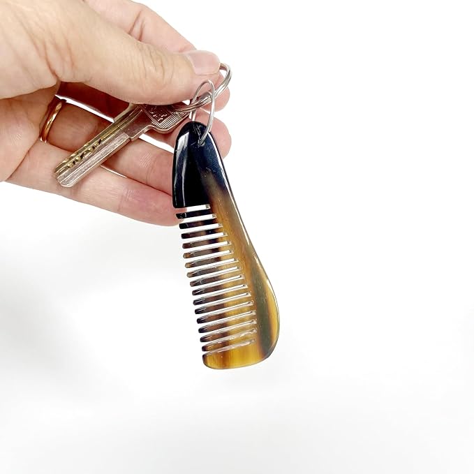 Buffalo Horn Beard Comb with Keyring, Handmade Natural Horn, Portable Anti-Static Grooming Tool for Men