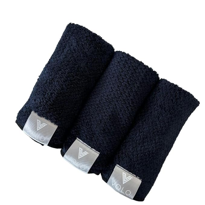 VOLO Hero Face Towel | Reusable Facial Wash Cloths | Makeup Remover & Post Shower| Ultra Soft, Absorbent, Gentle, Fast Drying Nanoweave Fabric Face Towels | Microfiber 3PK (Vinyl Black - Tote)