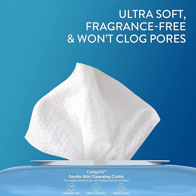 Cetaphil Face and Body Wipes, Gentle Skin Cleansing Cloths, 25 Count (Pack of 2), for Dry, Sensitive Skin, Flip Top Closure, Great for the Gym, Travel, in the Car, Hypoallergenic, Fragrance Free