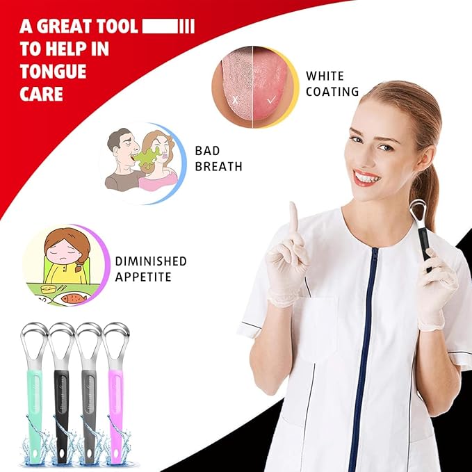 Cbiumpro 4-Pack Tongue Scraper for Kids & Adults, Stainless Steel Tongue Cleaner with Travel Case, Reduce Bad Breath