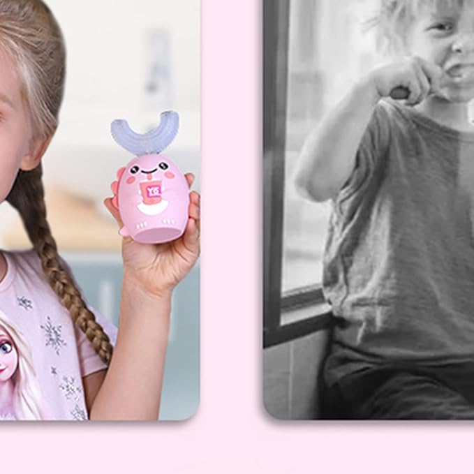 Ultrasonic Toothbrush, Cartoon Dragon 360 Degree Cleaning Simple Operation Kids Silicon Automatic Ultrasonic Teeth Brush Pink 2-6Years