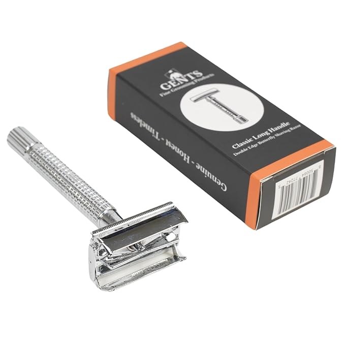 GENTS Long Handle Classic Double Edge Safety Razor - Butterfly Open Razor 10 Stainless Steel Double Edge Blade Refills - Close, Clean Shaving Razor for Men
