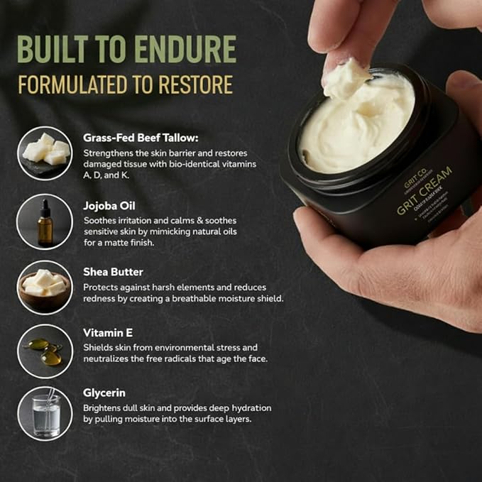 GRIT CREAM Beef Tallow for Men's Face & Skin, Anti Aging Wrinkle Repair Moisturizer, Unscented Whipped Balm, Grass-Fed | 3.4oz