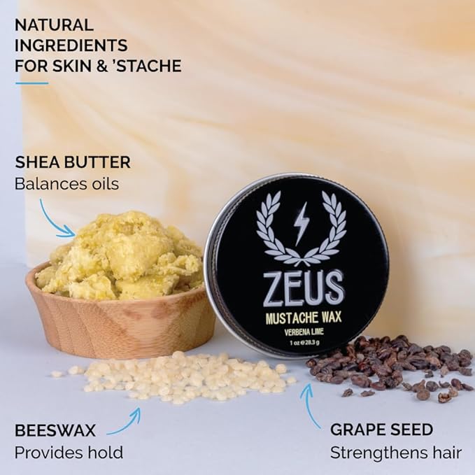 ZEUS Mustache Wax for Men with Natural Shine, Moisturizing & Conditioning Formula, Light to Medium Hold for Styling & Shaping Facial Hair (Made in USA) 3 oz.