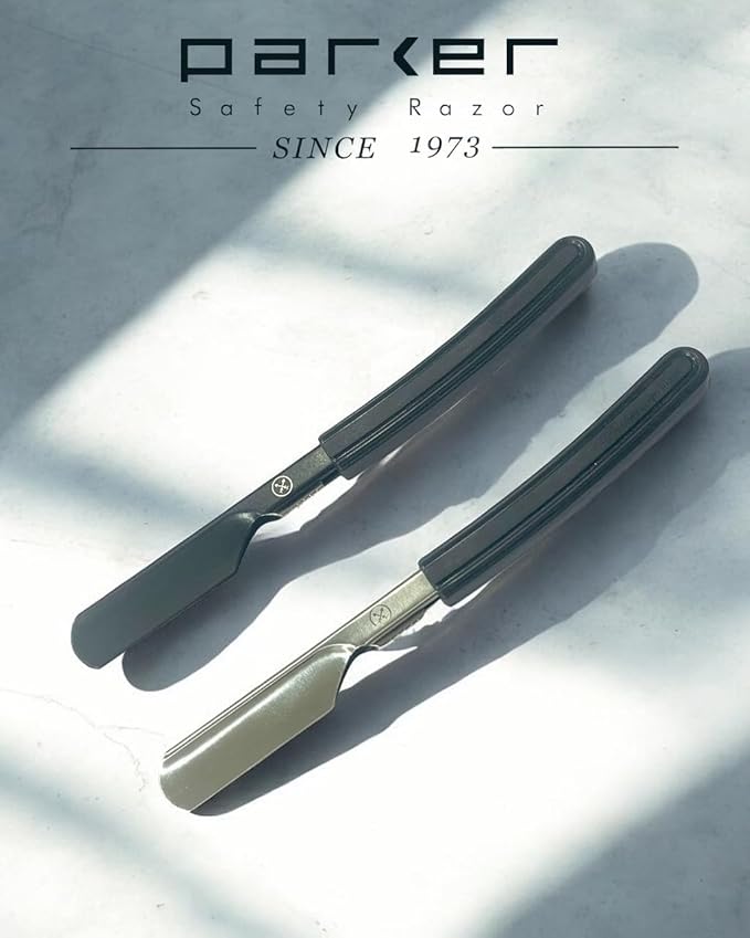 Parker Director Black Non-Folding Straight Barber Razor – Japanese-Style Razor with Stainless Steel Arm, Blade Protector Cap & Ergonomic Non-Slip Handle – Ideal for Professionals - 5 Blades Included