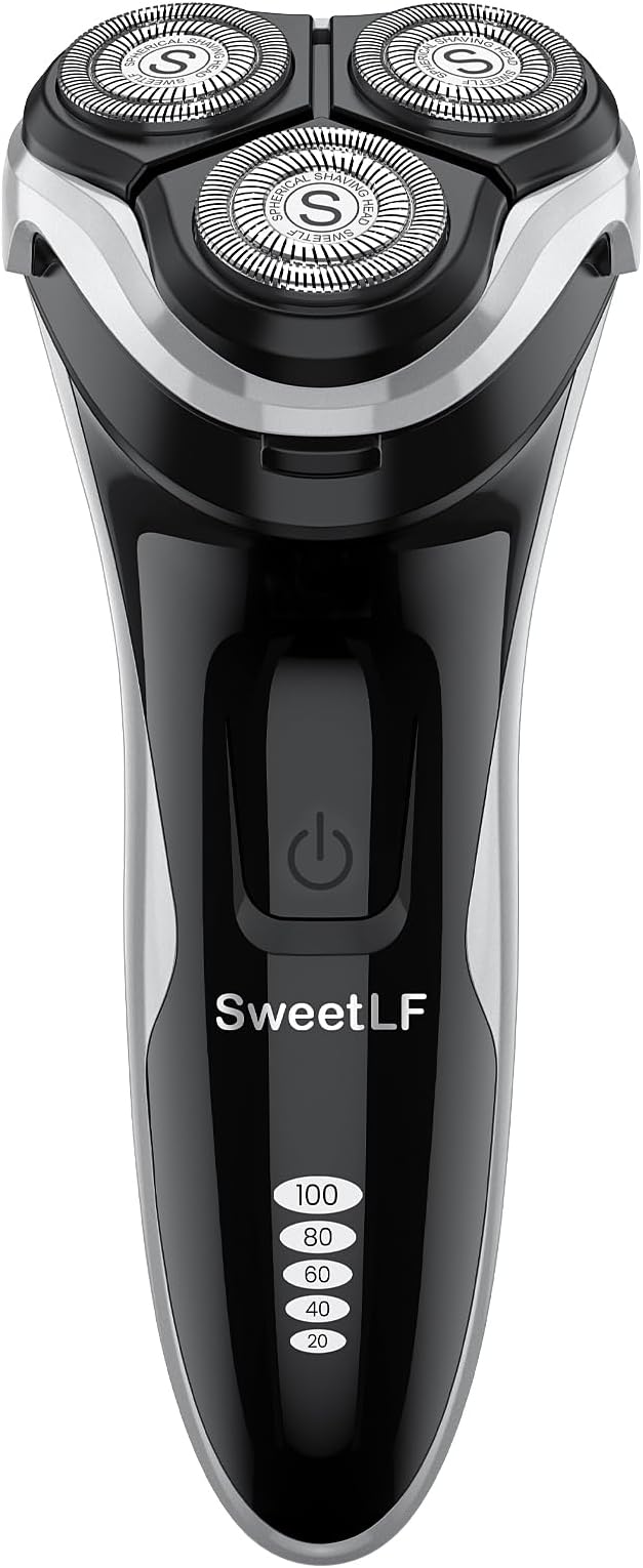 Electric Razor for Men, SweetLF Cordless 3D Rotary Shaver, Waterproof Wet & Dry, Type C Charging, Plug & Play, Rechargeable with Pop-up Trimmer, Black