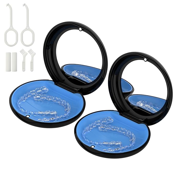 2 Pack Retainer Case with Mirror, Compatible with Invisalign, Orthodontic Aligner Case with Removal Tool and Brush, Black