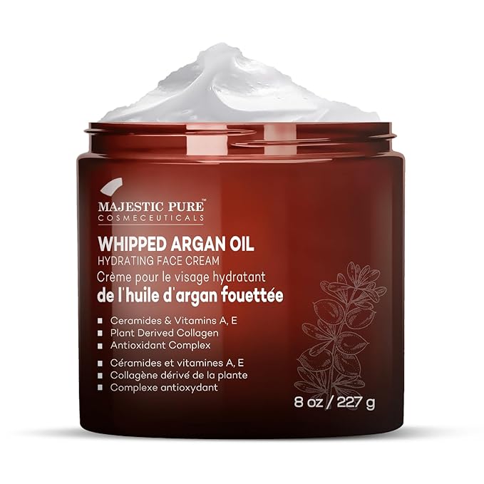 Majestic Pure Whipped Argan Oil Moisturizer Face Cream for Women & Men - With Vitamin E A, Collagen & Ceramides - Hydrates Dry Skin, Oily Skin, Reduces Appearance of Fine Lines – 8oz (Pack of 2)