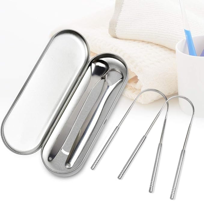 MORGLES Metal Tongue Scraper, 4 Pcs Tongue Cleaners with Case for Adults