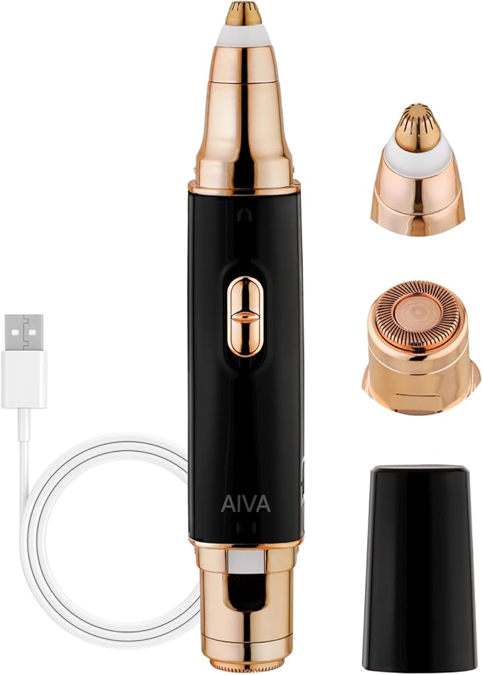 SPA SCIENCES - AIVA Deluxe – Patented Dual 2-in-1/Double Sided Facial Hair Remover & Eyebrow Trimmer USB Rechargeable with Built-in LED Lights & 2 Extra Replacement Heads
