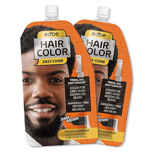 Edbe Hair Color Easy Comb Dark Brown (2 Pack) - Grey Hair Mustache and Beard Coloring for Men with One Application Kit
