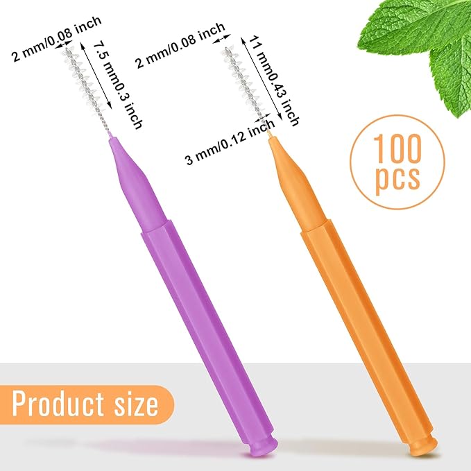 Patelai 100 Pieces Braces Brush for Cleaner Interdental Brush Toothpick Dental Tooth Flossing Head Oral Dental Hygiene Flosser Toothpick Cleaners Tooth Tool(Purple, Orange,Cute Size)