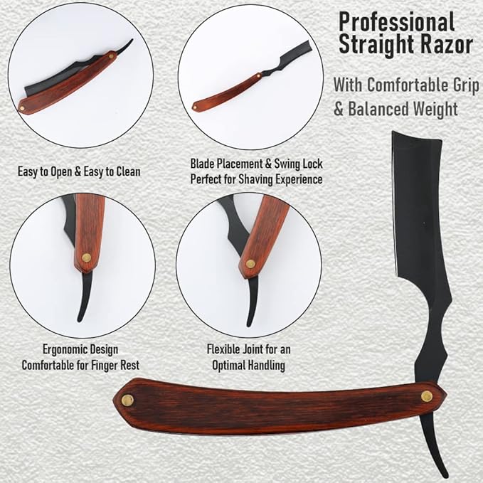 Straight Razor With Strope - Professional Straight Edge Barber Premium Stainless Steel Shaver With Shaving Strop for Men Home & Salon Grooming Using (NO.158)