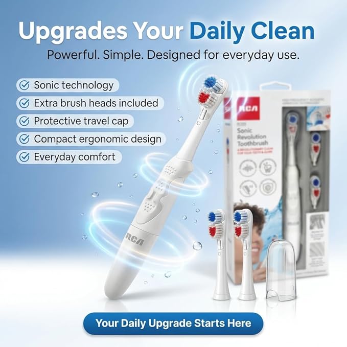 RCA Sonic Revolution Electric Toothbrush for Adults – Battery Powered Sonic Toothbrush with High-Frequency Vibration, Spin Brush Action, Soft Bristles & Extra Brush Heads