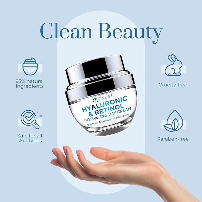 Clear Beauty Hyaluronic & Retinol Face Moisturizer – Hydrating Day Cream For Dry & Mature Skin – Reduces Fine Lines, Firms & Softens Texture – Dermatologist Tested, Korean Skin Care Vegan – 1.69 Fl Oz
