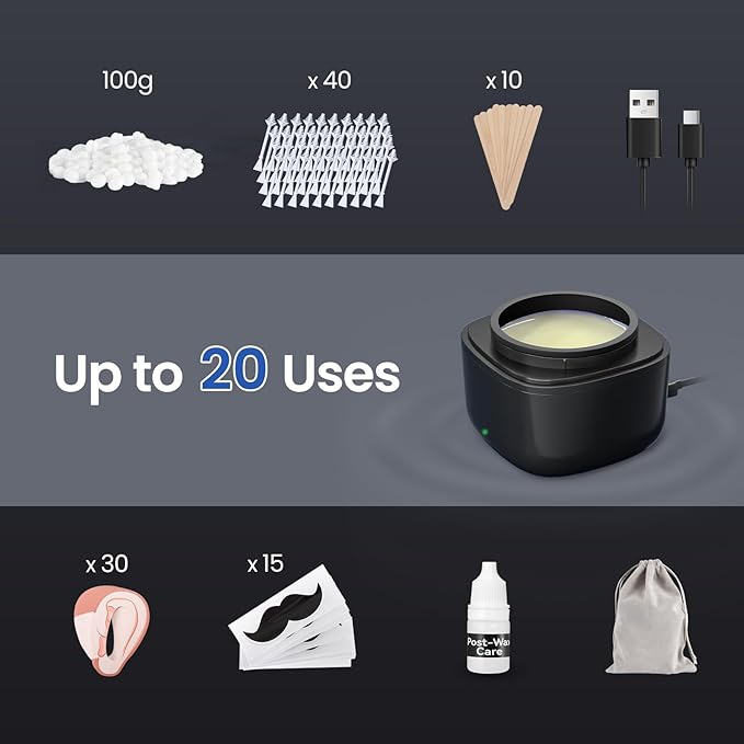Nose Wax Kit Men, Nose Hair Waxing Kit with 158°F Smart Temp Control, 40 Sticks, 100g Wax, Painless Nose Hair Removal with USB-C Fast Heating, Upgraded Capacity, Multi-Accessories