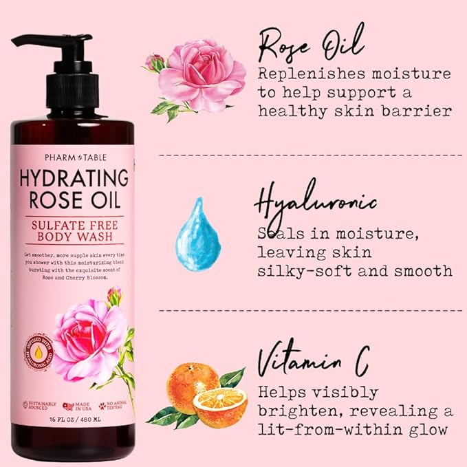 Hydrating Rose Oil Body Wash for Women and Men - Hydrates and Brightens the Skin, Sulfate Free, 100% Cruelty Free, 480ml