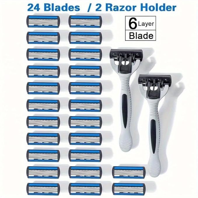 YunChun-Stationary- Six Blade Razor System with Trimmer - 24 Pack (2 Handle + 24 Cartridges)