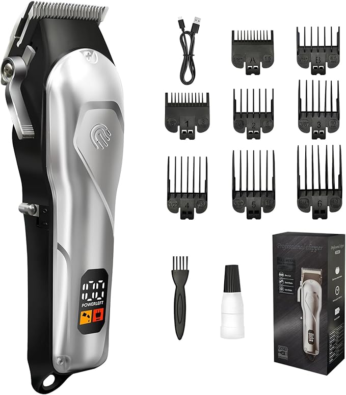 Professional Hair Clippers for Men, Cordless Rechargeable Hair Clipper with LCD Display, Household Trimmer Set for Haircut & Grooming(Silver-White)