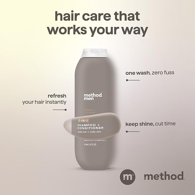 Method Men 2-in-1 Shampoo and Conditioner, Cedar + Cypress - Hydrating Formula with Woody Scent - Paraben Free and Cruelty Free - 14 Fl Oz, Pack of 3