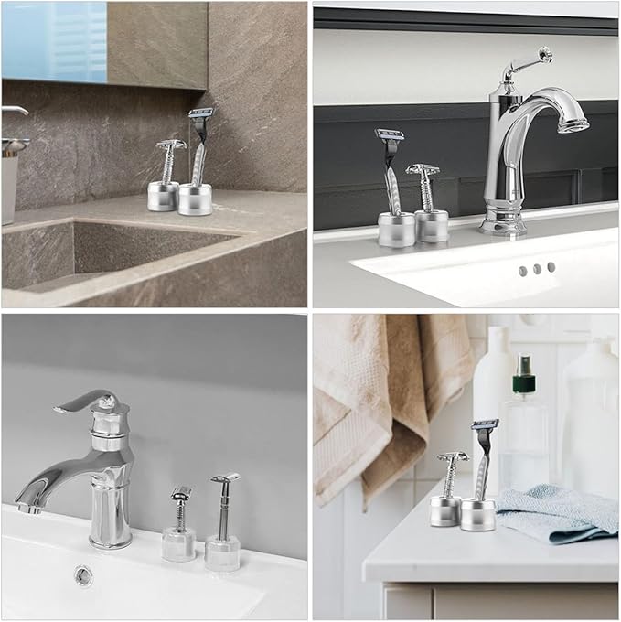 jojofuny 2pcs Shaver Storage Holder and Razor Brush Stand Aluminum Alloy Large Diameter Wide Opening for Men's Shaving Bathroom Desktop Organizer