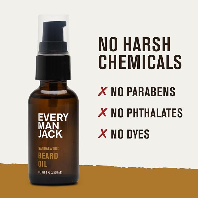 Every Man Jack Sandalwood Beard Oil - Moisturize & Soften Your Beard - Relieve Itch and Flakes - Made w/Naturally Derived Ingredients like Vitamin E, Argan Oil, and Borage Oil - 1 oz - 2 Pack