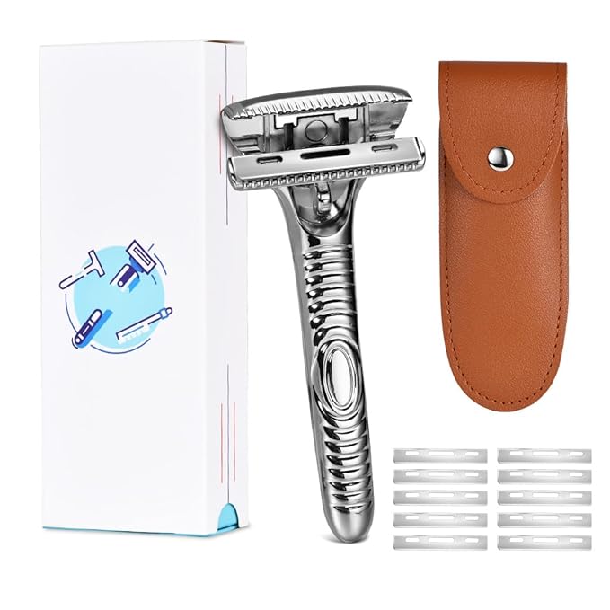 Single Blade Razors for Men and Women, Reusable Modular Safety Razor with Magnetic Head and Metal Non-Slip Grip, 10 Single Edge Razor Blades & Leather Case,Silver Whiskers